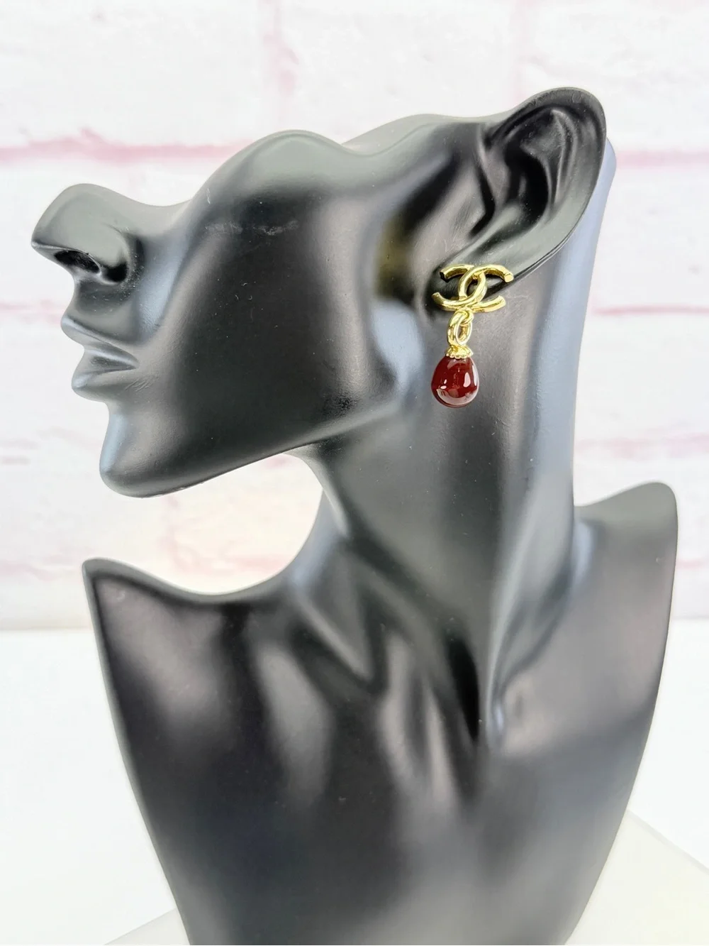 Chanel Gold-Tone CC Drop Earrings with Red Stone 2023